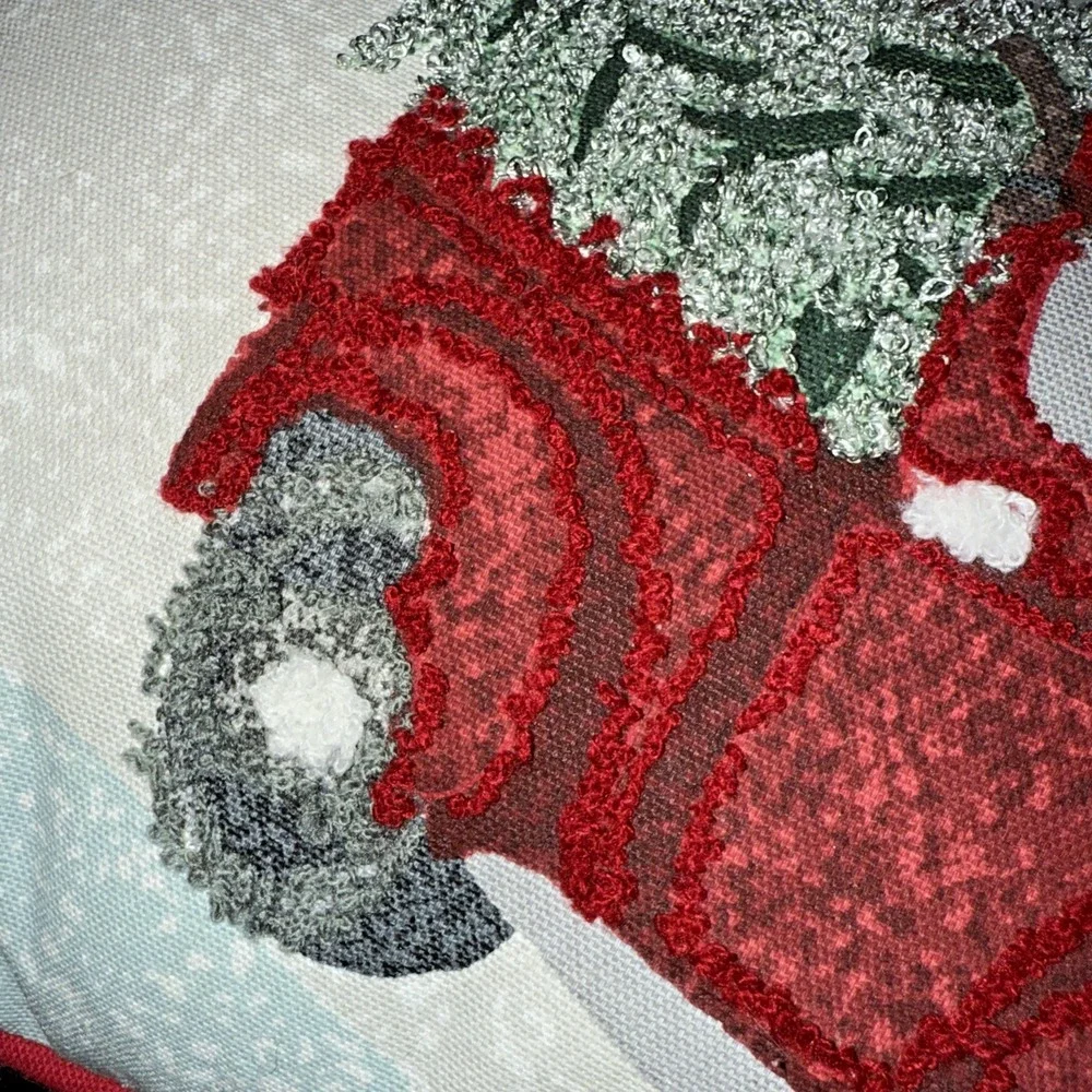 Decorative Pillow Red Truck in Snow‎ with Christmas Tree embroidered